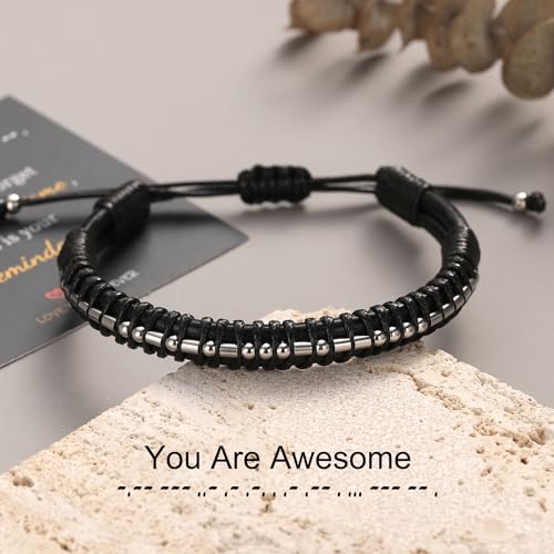 Inspirational Gifts for Men Morse Code Bracelets Mens Bracelets Graduation Gifts for Him Fathers Day Adjustable Leather Bracelet Motivational Birthday Annivesary Jewelry Stocking Stuffers for Men