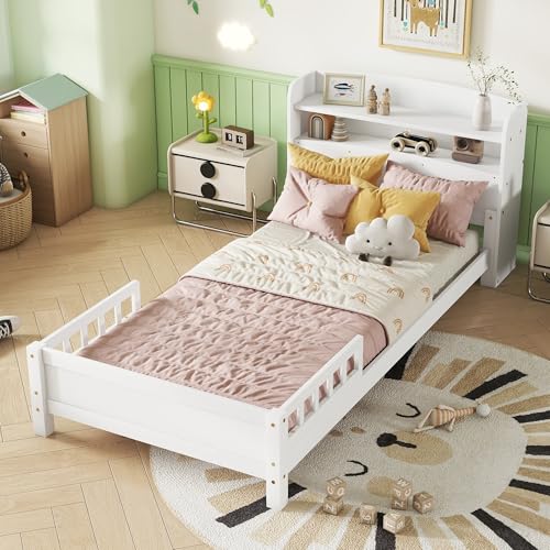 SmartEdge Twin Size Wood Bed Frame with Bookcase Headboard, Kids LED Bed Frame with LED Motion Sensor Light, Guardrails, Twin Platform Bed for Girls Boys Bedroom Living Room, White