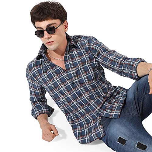 Image of Campus Sutra Men's Blue Checkered Button Up Spread Collar Shirt for Casual Wear | Regular Fit | Cotton Shirt Crafted with Long Sleeve, Comfort Fit & High-Performance for Everyday Wear