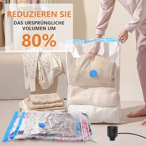Kissleaf Vakuumbeutel für Kleidung Bettdecken mit Elektrische Pumpe 24 Stück Reise Schnelles Ablassen der Luft Platzsparend Staub- und Wasserdichtplus Größe für mehr Kompression