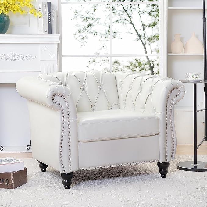 Image of WOODEN WORLD Modern & Classic Leather Sofa Set - Luxurious Comfort, Stylish Design, and Durable Build (White, 1 Seater)
