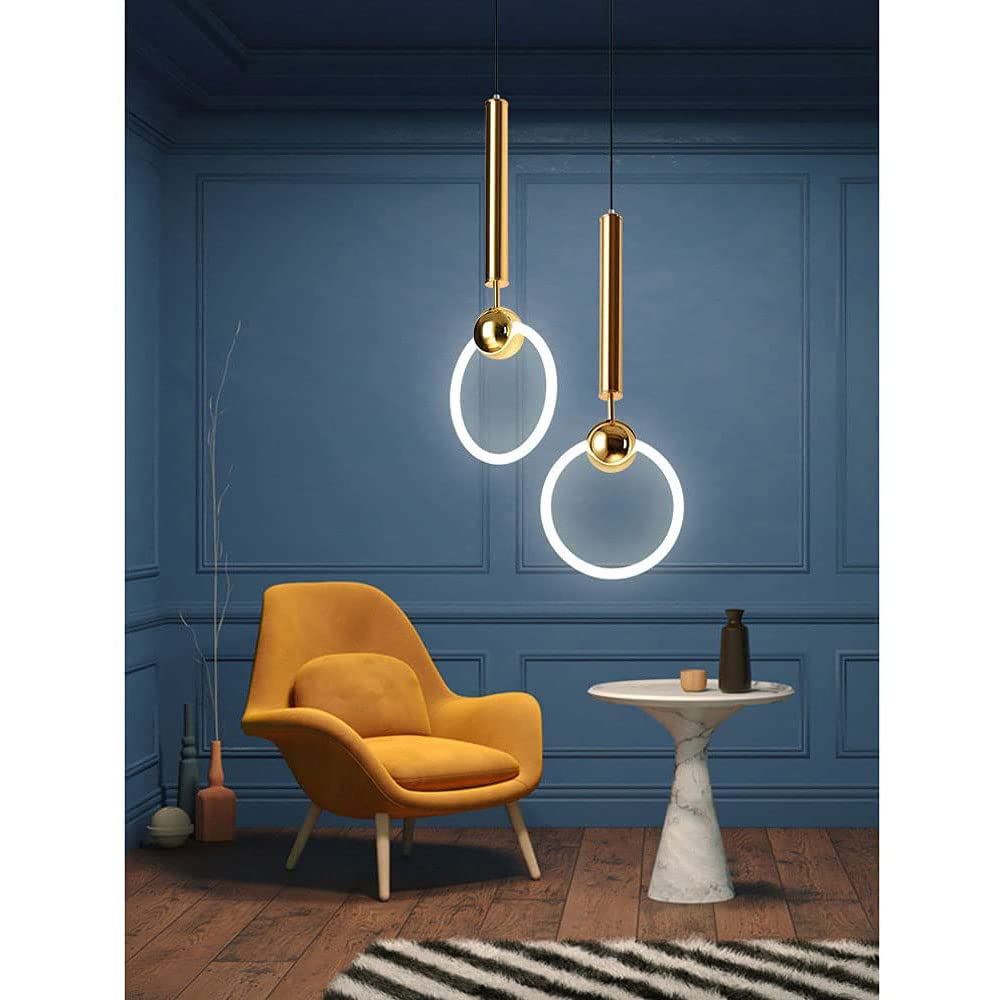 Hertl Lámpara colgante nórdica moderna,Lámpara colgante de arte de hierro redondo creativo,Lámpara de un solo cabezal con anillo dorado for cocina, isla, dormitorio, comedor