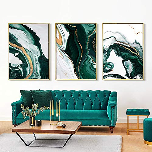 Tableau abstrait vert et or 40x60cm sans cadre - Triptyque moderne de 3 pièces