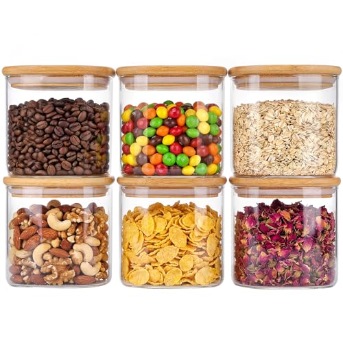 6pcs Glass Food Storage Containers with Bamboo Lids, 0.6qt Glass Jars