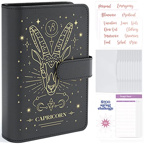 SOUL MAMA Zodiac Budget Binder with Cash Envelopes For Budgeting &ndash; Black Capricorn A6 Binder, Money Organizer for Cash Binder, Money Saving Binder with Budget Envelopes & Rose Gold Stickers