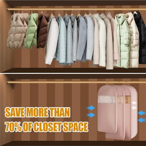 Space Saving Hanging Garment Bag with Self Compression Zipper, Heavy Duty Jackets & Parkas Storage, Space Saver Closet Organizers (Light pink,L)4