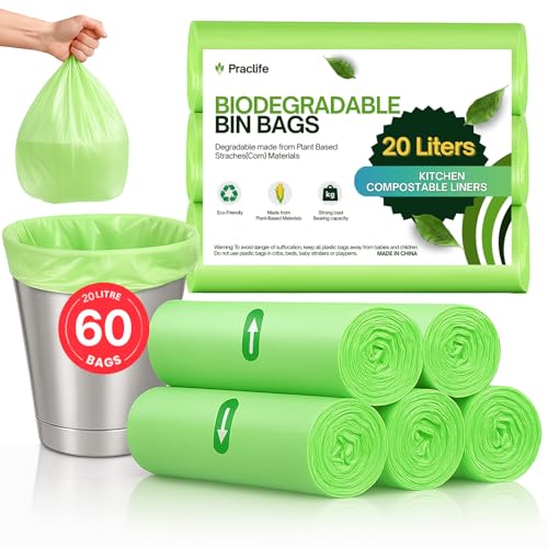 Praclife Sacs poubelle biodégradables pour déchets alimentaires, sacs poubelle compostables de 20 L, petits sacs poubelle transparents verts pour recyclage des aliments, 60 pièces
