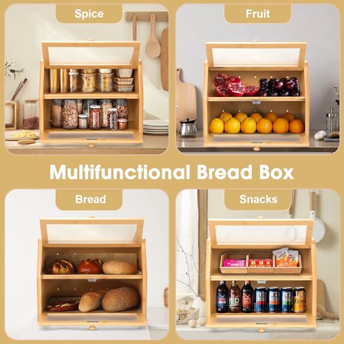 Large Bread Box for Kitchen Countertop, Wooden Bread Bin with Double Layer Storage and 0.6-inch Thick Natural Wood Panels, Rustic Bread Box Organizer for Kitchen (Natural Wood)