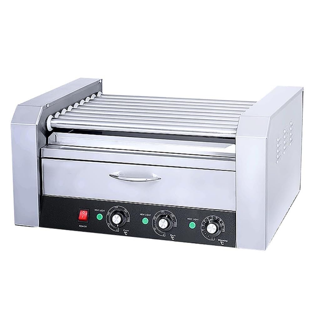 Hot Dog Roller Maker con 9 rodillos y cajón de calentamiento de pan, perfecto para fiestas, cabinas y camiones de comida