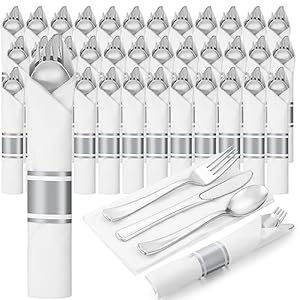 500 Pcs Plastic Silverware Pre Rolled Napkins with Cutlery Disposable Cutlery Set Includes 125 Forks, 125 Knives, 125 Spoons, 125 Napkins for Catering Parties Dinners Weddings(Silver)