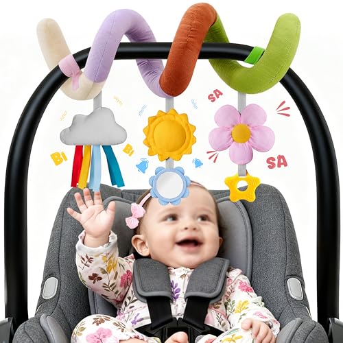 Image of Stuffed Spiral Baby Car Seat Toys, Best Newborn Shower Gifts, Soft Infant Essentials Must Have Stroller Hanging Toys (Vibrant Nature)