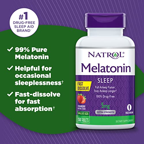 Natrol Melatonin Fast Dissolve Tablets, Helps You Fall Asleep Faster, Stay Asleep Longer, Easy To Take, Dissolves In Mouth, Strengthen Immune System, Strawberry Flavor, 5Mg, 150 Count #TOP1