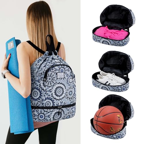 Image of Kamo Drawstring Backpack Bag - Sport Swimming Yoga Backpack with Shoe Compartment, Two Water Bottle Holder for Men Women Large String Backpack Athletic Sackpack for Travel