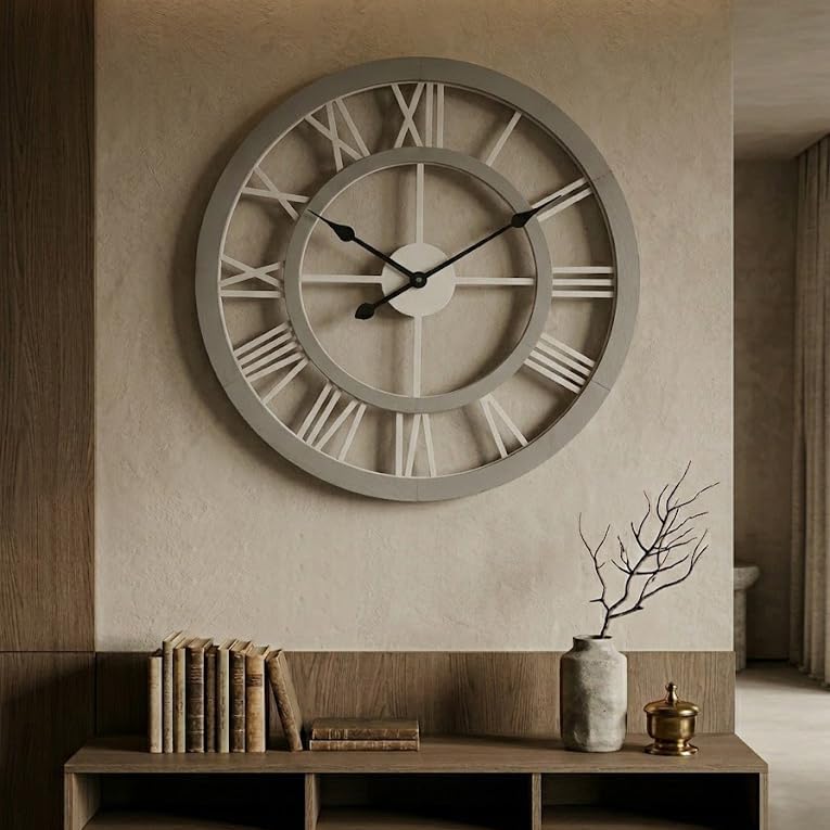 24 inch large rustic wall clock silent non-ticking wooden wall clocks with roman numerals farmhouse decorative clock for living room bedroom office (grey, 24 inch) grey 24 inch