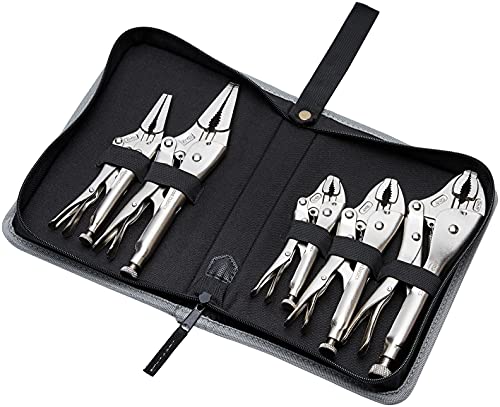 Amazon Basics 5-Piece Cr-V Locking Pliers And Wire Cutters Set With Carrying Case, 2 Straight, 3 Curved Jaw, 6.5-10 Inch, Silver #TOP4
