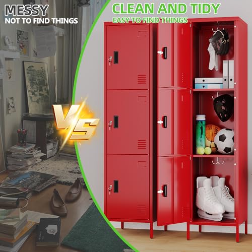 Image of Aobabo 16 inch W 3 Door Metal Storage Locker with Lock, 66 inch H Steel Locker with Name Card Holder and Metal Hook for School, Home, Office, Playroom, Assembly Required, Red