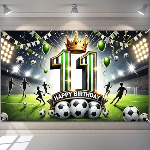 BlissYard Happy 11th Birthday Soccer Themed Party Banner Stadium Field Background for Eleventh Birthday Celebrations Green Gold Crown Number Eleven Photo Booth Prop Polyester Fabric Event Decor by BlissYard - Used condition - US$11.96