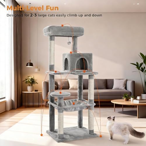 Image of MUTTROS Cat Tree for Large Cats Adult with Metal Plush Big Hammock, 56.3 inch Cat Tower with 2 Door Condo House, 6-Tier Cat Shelves with Scratching Posts and Large Top Perch, Gray