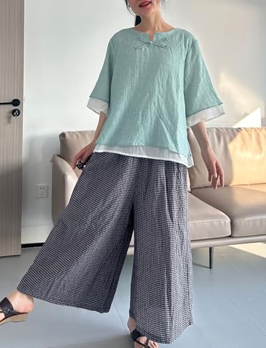 Lavnis Women's Cotton Linen Pants Elastic Waist Gingham Casual Wide Leg Palazzo Pants with Pockets3