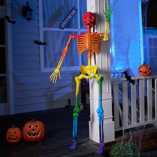 Image of JOYIN 5.6 FT Halloween Posable Life Size Skeleton, Full Body Realistic Bones with Movable Joints, Rainbow Color Giant Skeletons for Halloween Decoration Outdoor, Haunted House Prop, Spooky Scene Party