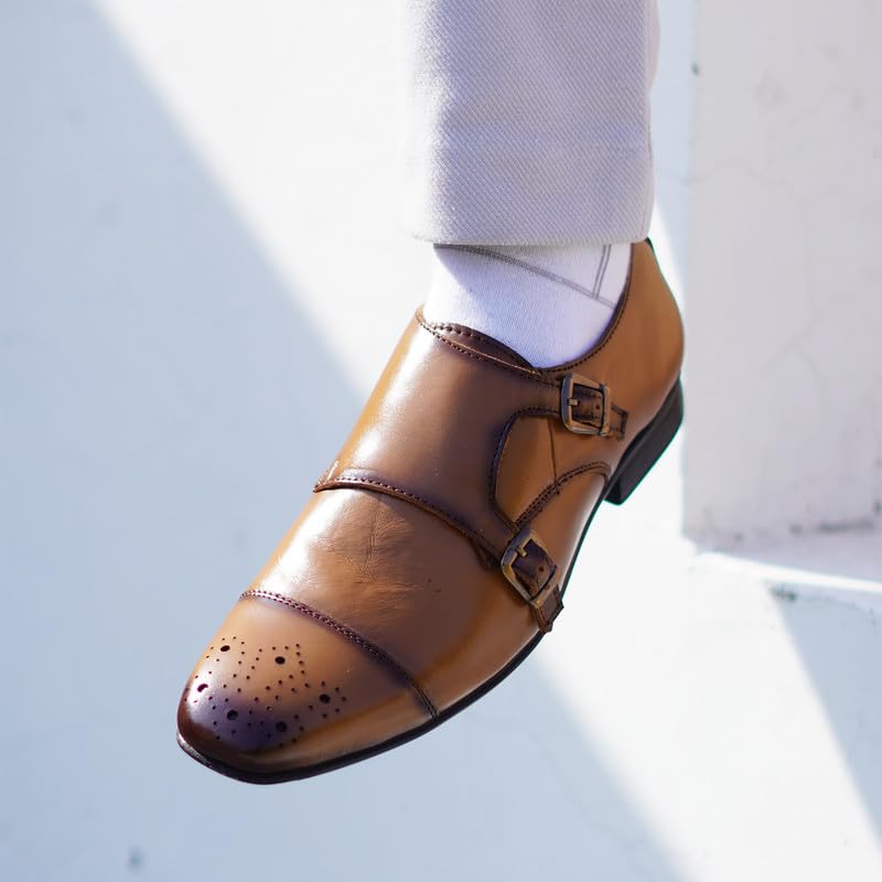 Image of MATR Strap Me Down Men's Tan Leather Double Monk Strap Shoes ? Brogue Toe Formal Footwear