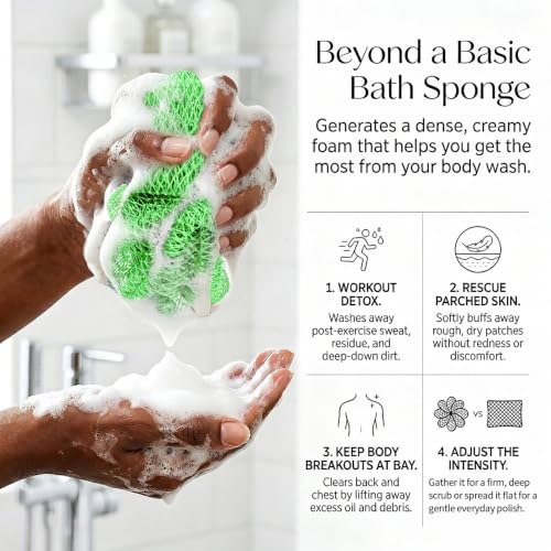 Image of UJFQBH African Net Sponge Authentic 3 Pack, the Gentle Exfoliating Body Scrubber that Unclogs Pores, Reaches Your Back, Dries Fast, and Leaves Skin Smooth Day After Day(Green, Sky Blue, Rose Red)