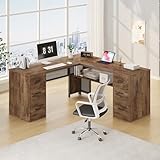 HSH L Shaped Computer Desk with File Drawers, Large Metal Wood L Shape Table with Storage Cabinet Shelves, Reversible Corner Home Office Executive Writing Study Workstation Desk, Rustic Brown, 59 Inch
