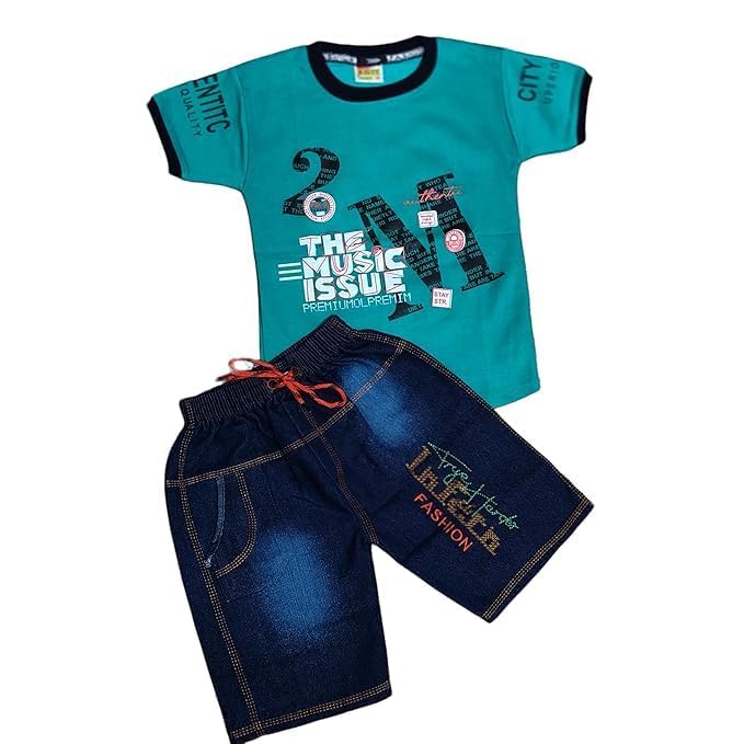 Image of Kids Dress for Boys | Round Printed Neck Half Sleeve T-shirt and Pant Clothing Set for Baby Boys