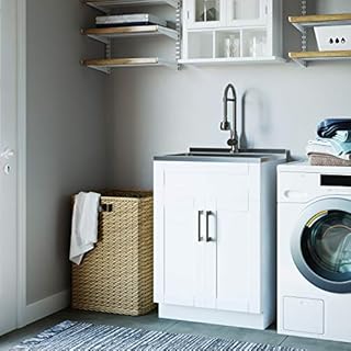 SIMPLIHOME Hennessy Contemporary 24 inch Deluxe Laundry Cabinet with Faucet and Stainless Steel Sink with 1 Storage Compartment, for the Laundry room, Utility room, Contemporary