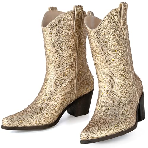 Image of MISSMILLER Rhinestone Boots for Women Sparkly Cowgirl Boots Pointed Toe Chunky Heels Rhinestone Cowboy Boots