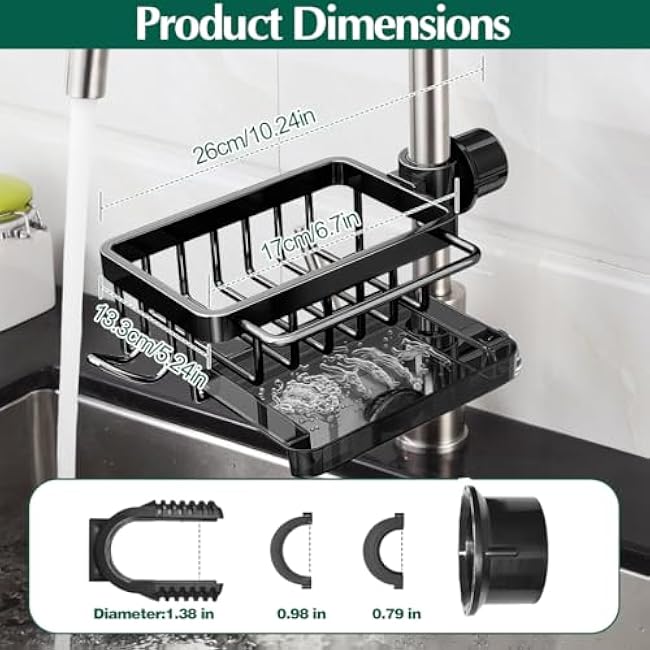 Sponge Holder for Kitchen Sink, Adjustable Over Faucet Sink Caddy Organizer Rack with Tray & Towel Hook, Fits Round Pipe, Includes Sponge & Steel Scrubber