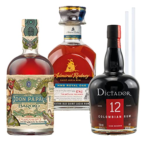 FrankBauer360 Don Papa Rum, Admiral Rodney Dictator 12 Jahre Rum (3x0,7l) inkl. 2 Glas Trinkhalme