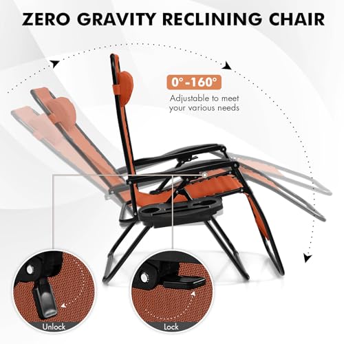 Image of Giantex 2 PCS Zero Gravity Chair, Outdoor Chaise Lounge with Cup Holder, Patio Folding Chairs Recliner for Yard Pool Lawn Balcony, Orange
