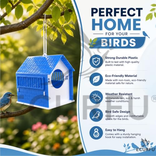 Image of Ecurfu Sparrow House for Balcony & Garden | Hanging Bird Nest with Feeding Tray | Bird House for Sparrows & Small Birds