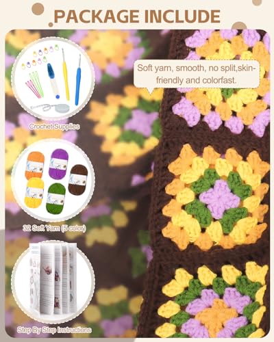 Image of Katech Crochet Blanket Kit - Beginner's Granny Square Blanket, 63'' x 36'' - 32 Yarn Colors & Tutorial