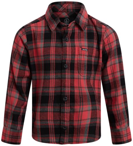 Volcom Boys' Button Down Flannel Shirt - Classic Woven Plaid Long Sleeve Shirt - Casual Collared Shirt for Boys (4-20), Size 7, Cranberry
