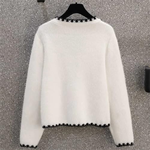Women Loose Patchwork Sweater Coat Long Sleeves V-Neck Buttons Office Lady Knit Cardigan Top2