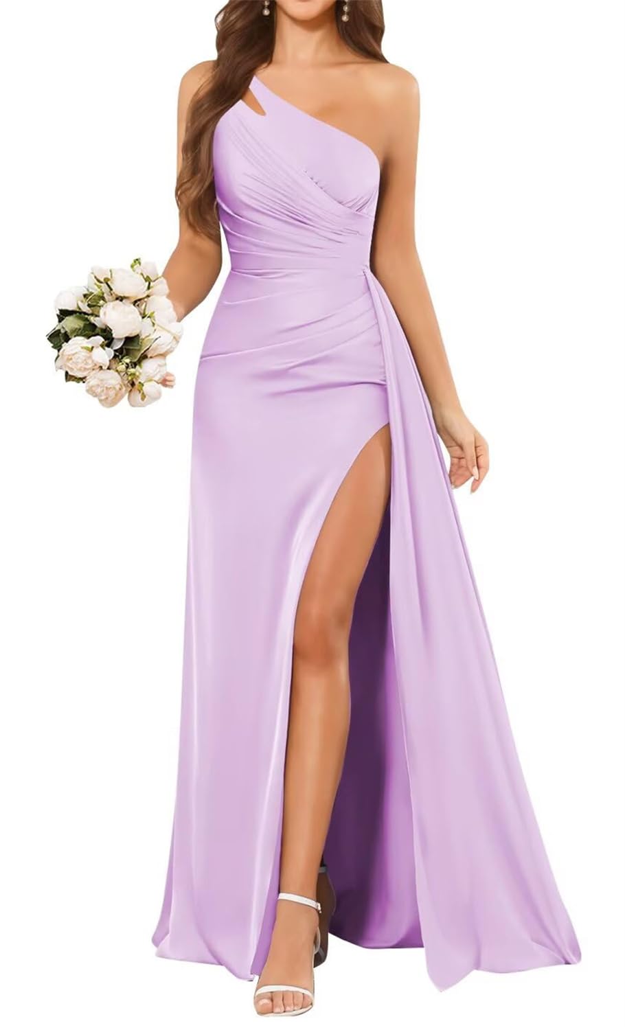 Hppee Women's Lilac Satin Prom Dresses For With Slit Mermaid One Shoulder Bridesmaid Dress Floor Length Formal Gown Uk16