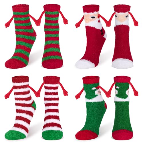 4 Pairs Christmas Holding Hands Fuzzy Socks for Men Women Magnetic Hand in Hand Christmas Socks 3D Couple Magnetic Hand Socks Mid Tube Sock Novelty Fluffy Funny Xmas Gifts for Couples Friends New Year