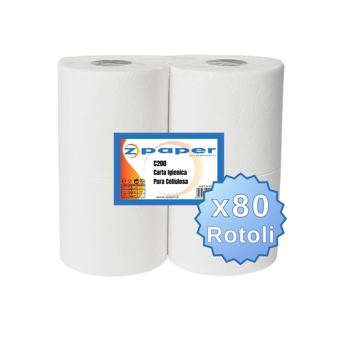 ZPAPER - 80 Rotoli di Carta Igienica, 100% pura cellulosa 2 Veli, morbida e resistente per la casa o l'ufficio