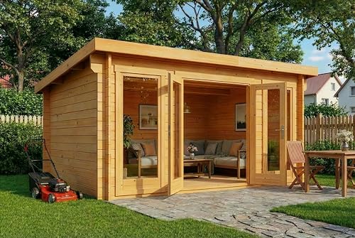Alpholz Gartenhaus Atrium-F aus Holz, Gerätehaus 440x340cm mit 70 mm Wandstärke in Imprägniert Pinie