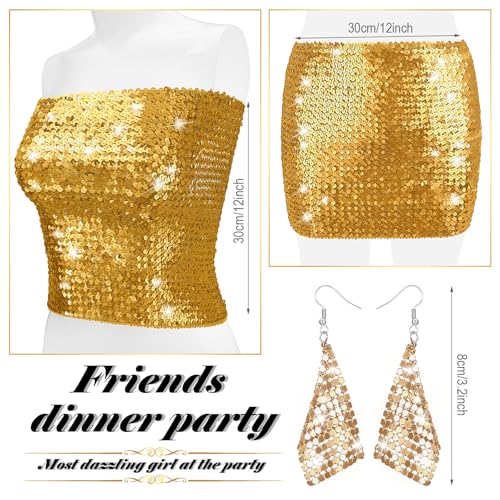 Women's Sparkly Sequin Crop Tops Strapless Metallic Tube Tops with Metal Mesh Drop Dangle Earrings for Party Clubwear2