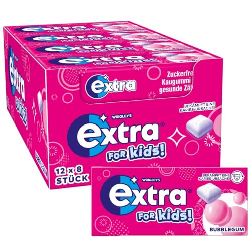 Extra For Kids, Kaugummi Zuckerfrei für Kinder, 12 x 8 Dragees, Großpackung Chewing Gum als Süßigkeiten, Xylitol Kaugummi ohne Zucker für frischen Atem (96 Dragees)