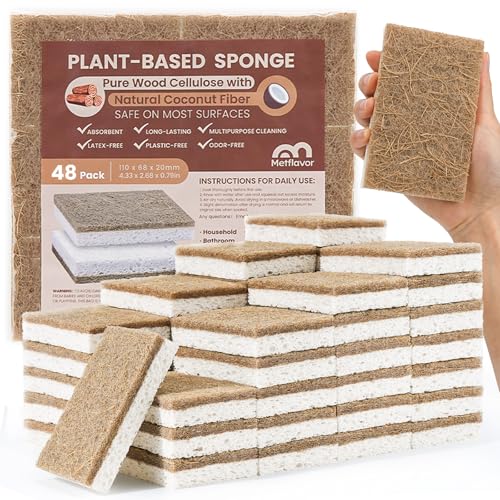 Image of Metflavor Kitchen Sponges, 48 Count, Natural Sponge with Coconut Scrubber | Plant-Based, Non-Toxic, Biodegradable & Compostable, Non-Scratch, All-Purpose Cleaning