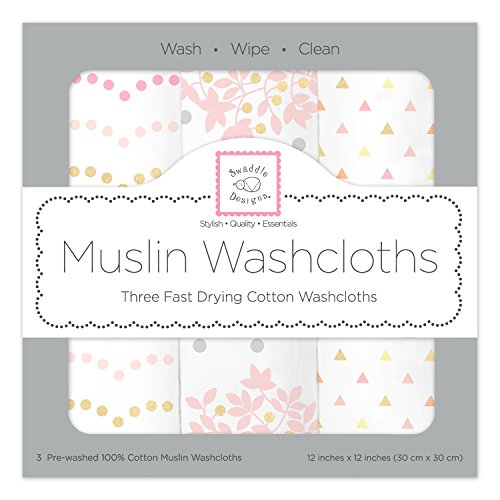 Image of SwaddleDesigns Cotton Muslin Washcloths, Set of 3, Heavenly Floral with Shimmer, Pink