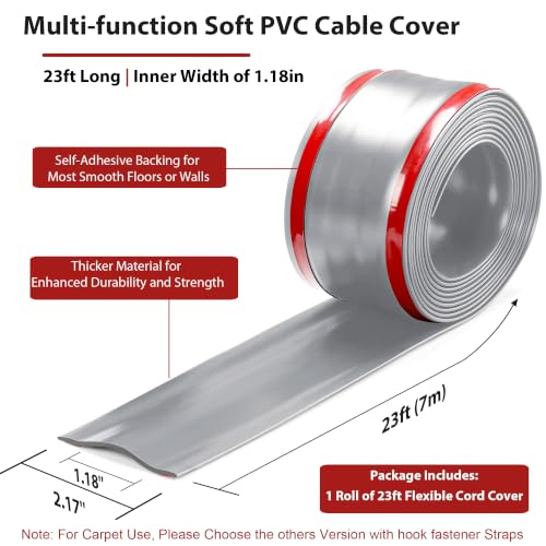 Image of ZhiYo 23ft Cord Cover for Wires on Floors or Walls, 2.2in Wide, Grey | Fits 1-2 Cables, Low-Profile Soft PVC Cord Hider, Self-Adhesive, Easy Cut & Install, Hides Extension Cords & Ethernet Cables