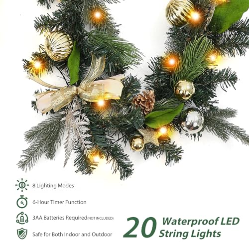 Prelit Christmas Garland, 6 Ft Battery Operated, Waterproof, Lighted for Mantle, Stairs, Table - Gold