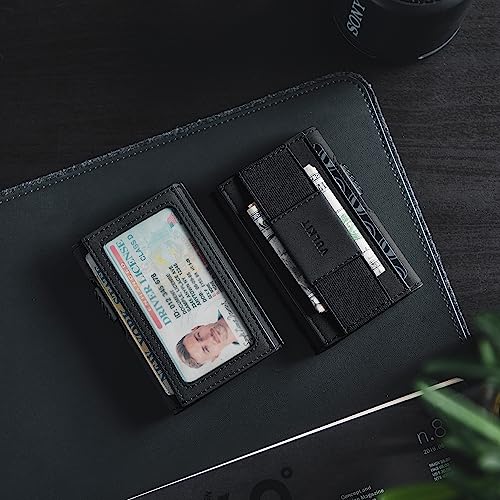 VULKIT Mens Minimalist Wallet for Max. 8 Cards with Pop-Up Credit Card Ejector RFID Blocking, ID Window and Elastic Strap for Bills or Keyring, Gift Box Packed, Black4
