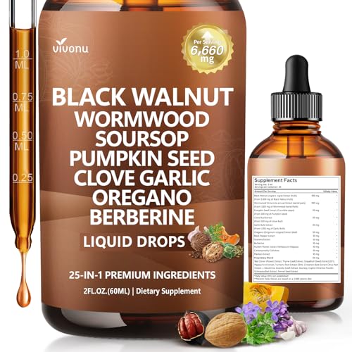 25-in-1 Liposomal Black Walnut Wormwood Clove Tincture Cleanse for Humans Drops Liquid Lymphatic Support with Garlic Mullein Soursop Pumpkin Seed Berberine Turmeric Echinacea Cinnamon