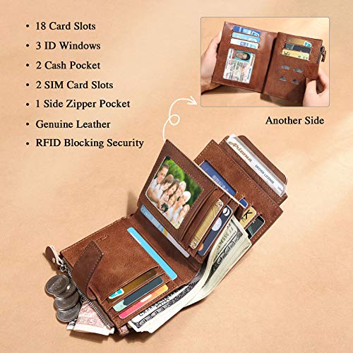 BAIGIO Billetera Bifold Hombres Cartera Cuero Hombre RFID Bloqueo Billetera Tarjetas de Crédito Carteras Piel Moneder (Marrón-1)